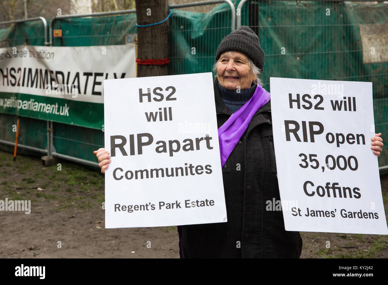 London, Großbritannien. Januar 2018. Anwohner und Umweltaktivisten protestieren gegen den geplanten Abschlag eines reifen Londoner Flugzeugs, Red Oak, Common Lime, Gemeinsame Weißbeam- und Wilddienstbäume in den Euston Square Gardens, um im Rahmen der Vorbereitungen für die HS2-Bahnstrecke temporäre Baustellen und einen verdrängten Taxistand freizumachen. Kredit: Mark Kerrison/Alamy Live Nachrichten Stockfoto