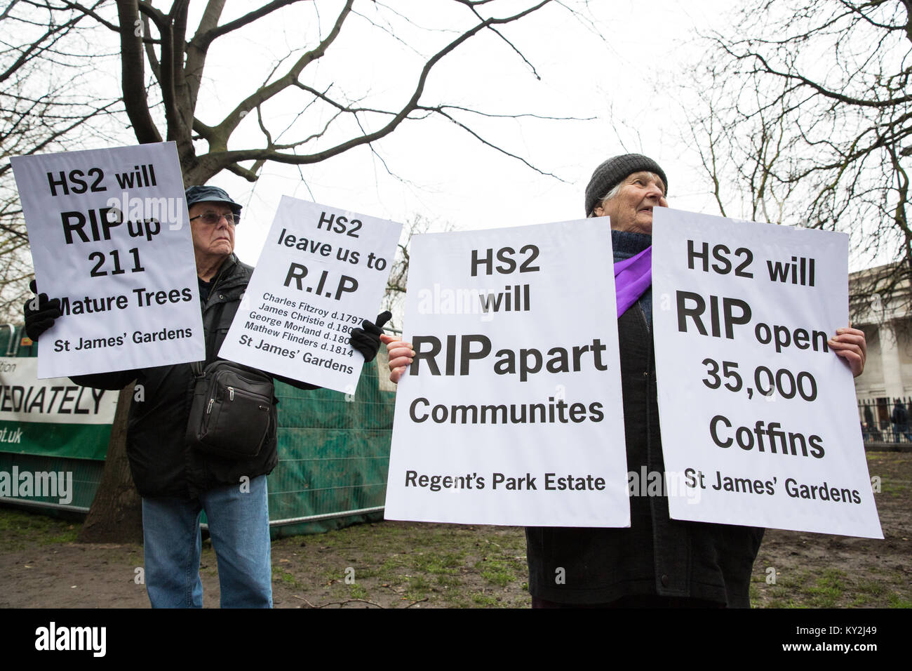 London, Großbritannien. Januar 2018. Anwohner und Umweltaktivisten protestieren gegen den geplanten Abschlag eines reifen Londoner Flugzeugs, Red Oak, Common Lime, Gemeinsame Weißbeam- und Wilddienstbäume in den Euston Square Gardens, um im Rahmen der Vorbereitungen für die HS2-Bahnstrecke temporäre Baustellen und einen verdrängten Taxistand freizumachen. Kredit: Mark Kerrison/Alamy Live Nachrichten Stockfoto