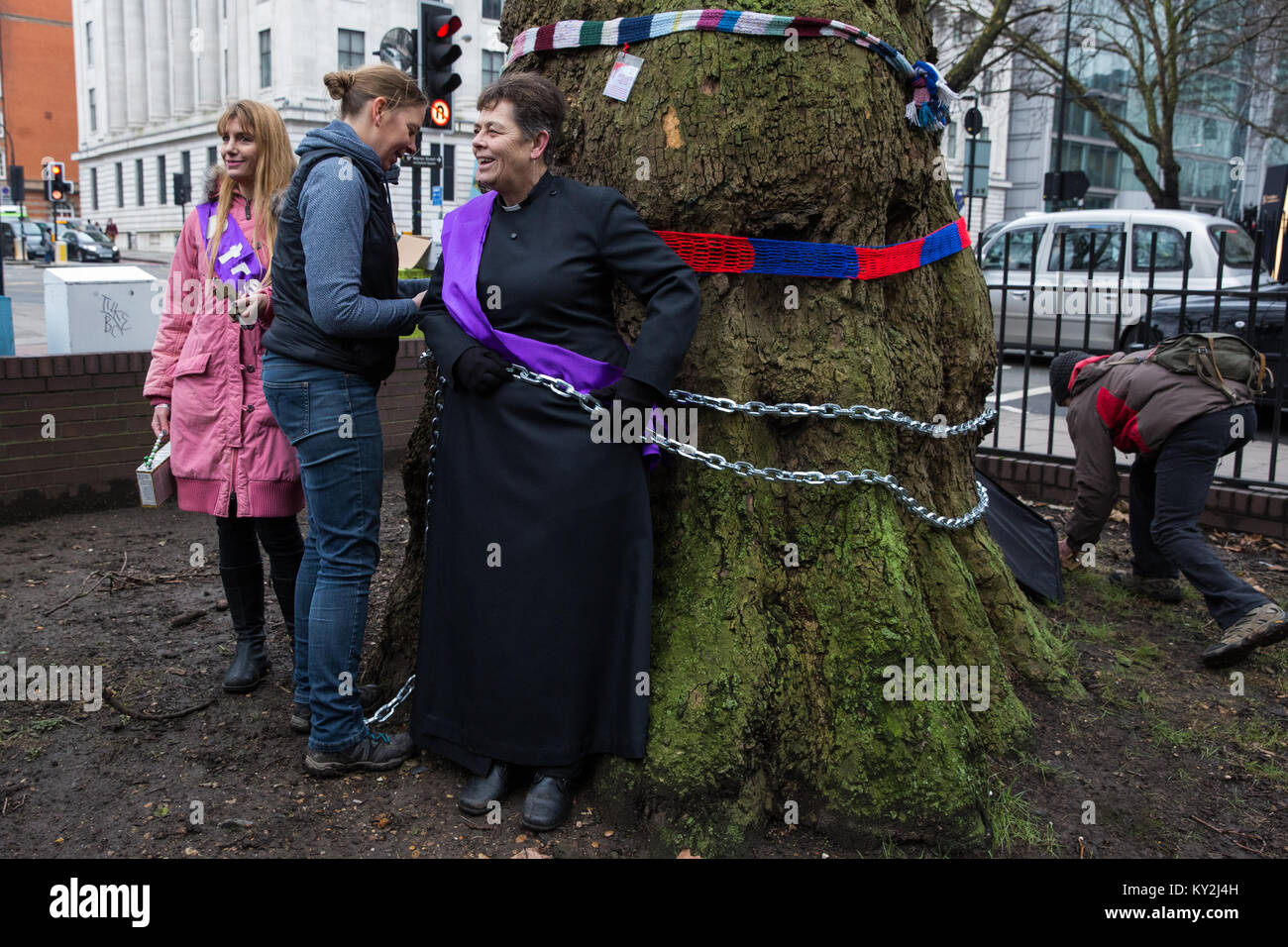 London, Großbritannien. Januar 2018. Anne Stevens, die Pfarrerin der St. Pancras Kirche, wird im Rahmen einer Kampagne von Anwohnern an einen Baum vor dem Bahnhof Euston angekettet, um gegen den geplanten Abschlag eines reifen Londoner Flugzeugs, Red Oak, Common Lime, Gemeinsame Weißbeam- und Wilddienstbäume in den Euston Square Gardens, um im Rahmen der Vorbereitungen für die HS2-Bahnstrecke temporäre Baustellen und einen verdrängten Taxistand freizumachen. Kredit: Mark Kerrison/Alamy Live Nachrichten Stockfoto