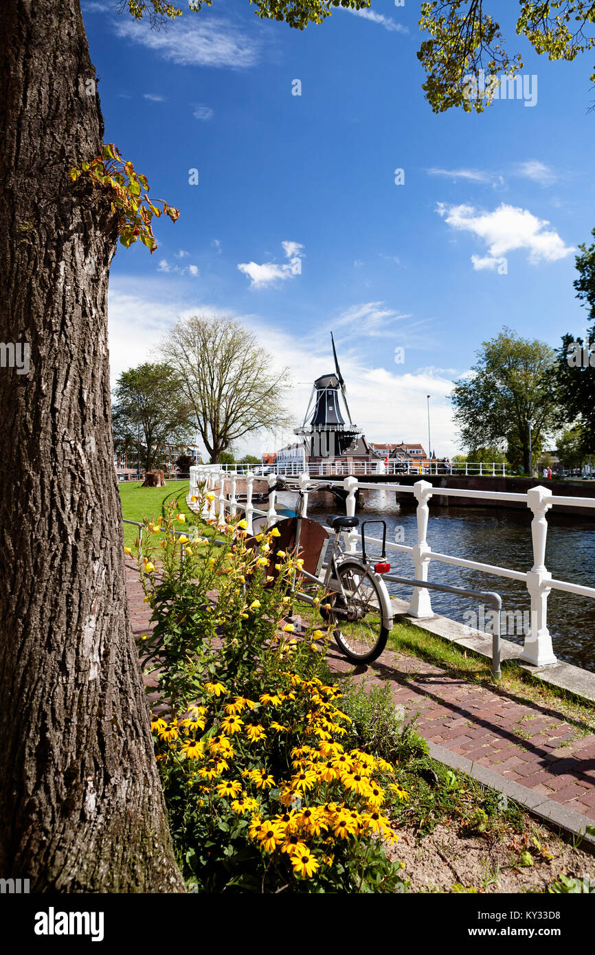 Haarlem, Niederlande. De Adriaan, Sehenswürdigkeiten Windmühle im Zentrum von Haarlem auf der Spaarne Fluss Fahrrad am Flussufer geparkt Stockfoto