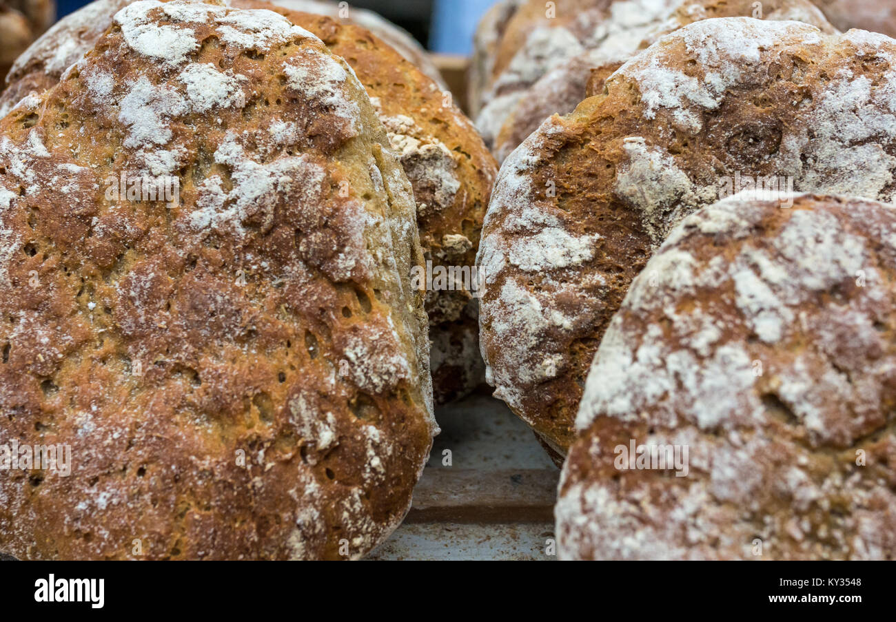 Italienische Vollkornbrot typische des Trentino Alto Adige (Südtirol). Traditionelle Brot mit Walnüssen und Fenchel Samen. Stockfoto