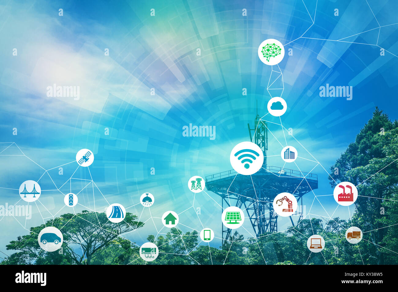 Drahtlose Kommunikation Netzwerk und diverse Industrie Konzept. Stockfoto