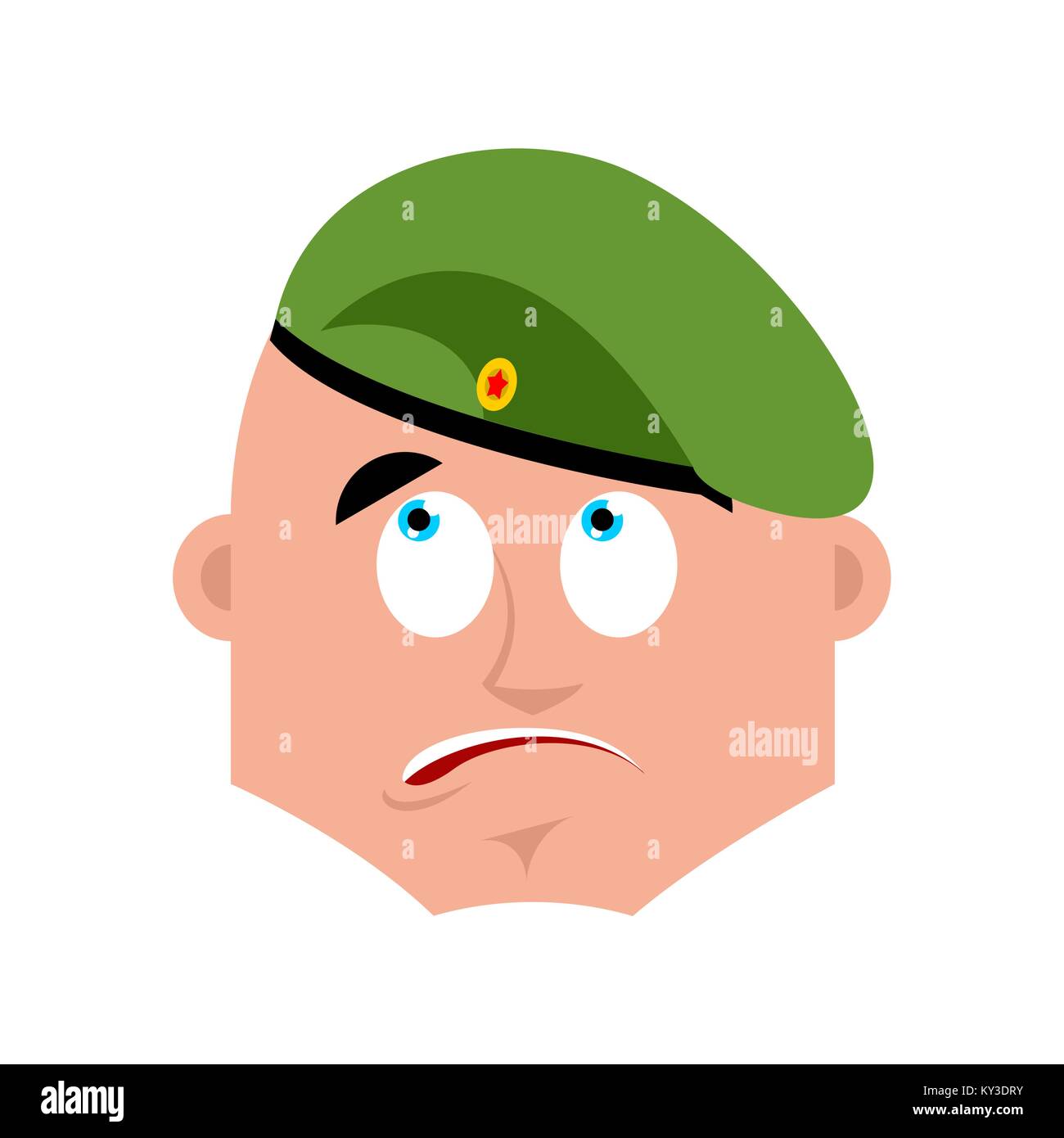 Russischer Soldat verwirrt Emoji oops. Luftlandetruppen perplex Emotionen. Fallschirmjäger Militärs in Russland überraschen. Abbildung 23. Februar. Verteidigen. Stock Vektor