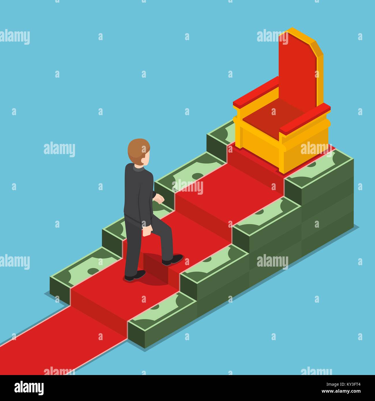 Wohnung 3 d isometrische Geschäftsmann an König Thron auf Dollar Leiter. Geschäftlicher Erfolg Konzept. Stock Vektor