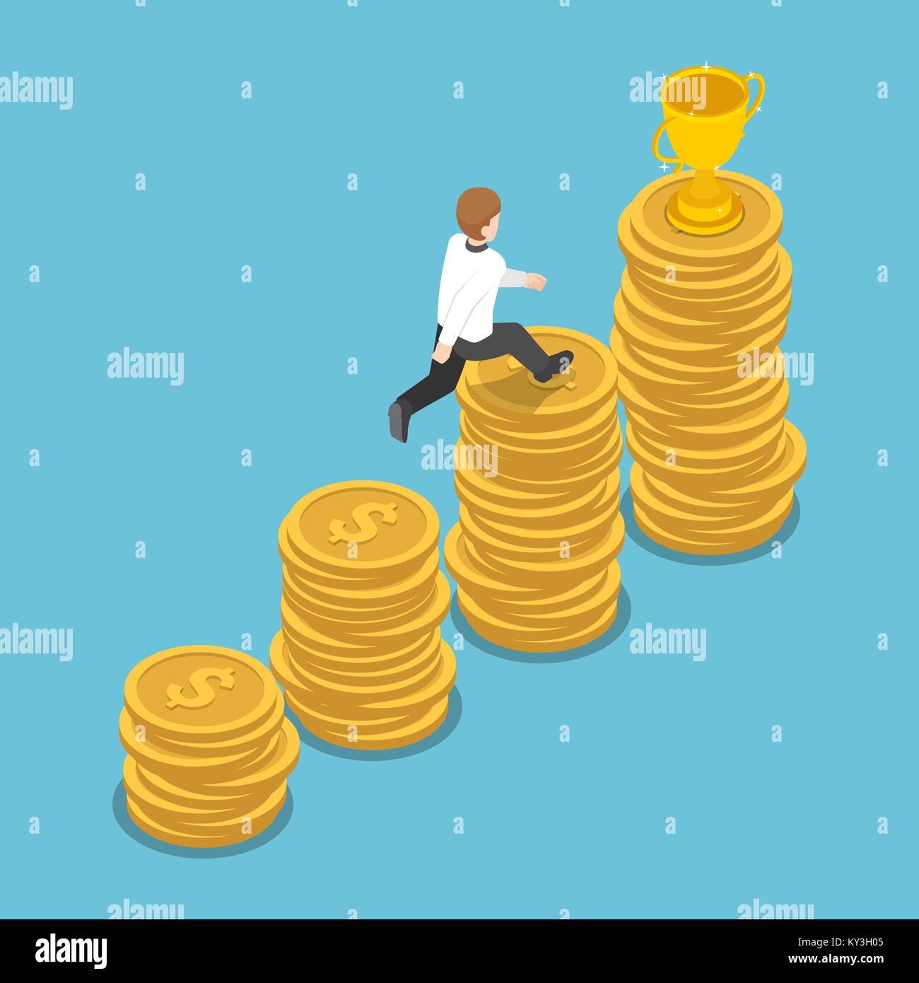 Wohnung 3 d isometrische Geschäftsmann Sprung an die Spitze der coin stack Graph goldene Trophäe zu erhalten. Wirtschaftlicher Erfolg und das Finanzkonzept. Stock Vektor