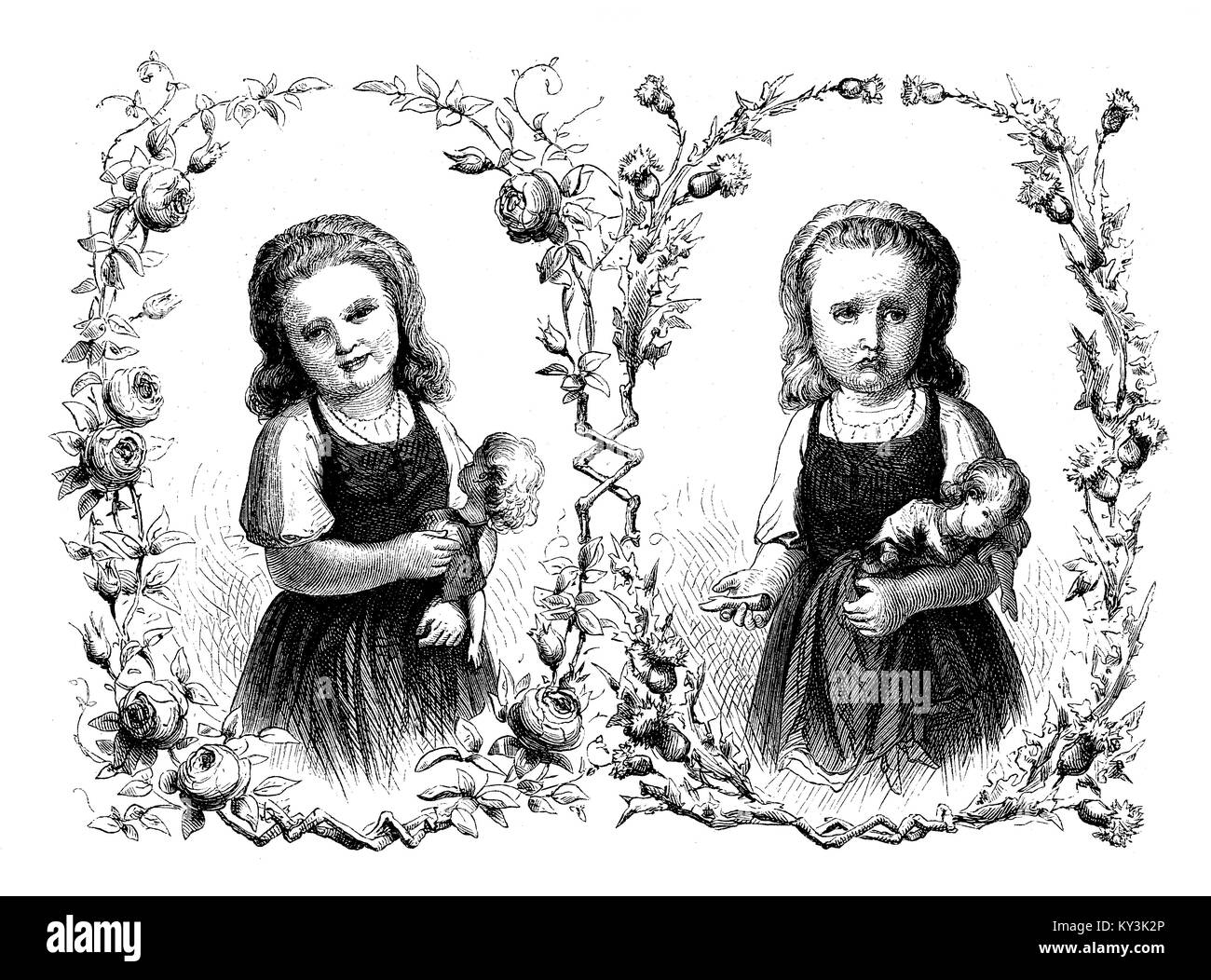 Glück und Elend Mädchen mit Puppe, Mädchen traurig mit Puppe mit