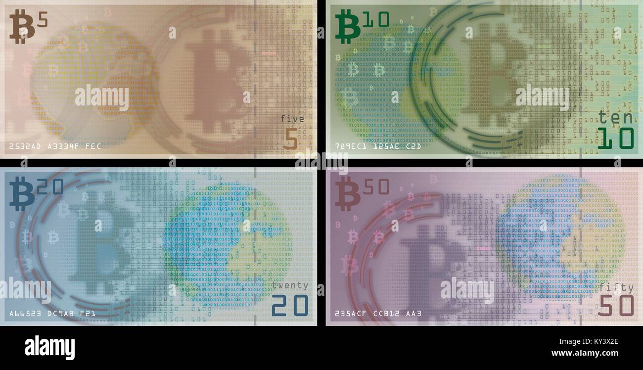 Prinzipdarstellung der bitcoin cryptocurrency als geprägten Münzen und gedruckten Rechnungen. Bitcoin ist eine Art von digitalen Währung, im Jahr 2009 gegründet, die unabhängig von jeder Bank tätig ist. Bestimmte Anbieter jetzt Bitcoins akzeptieren zur Bezahlung von Waren oder Dienstleistungen. Stockfoto