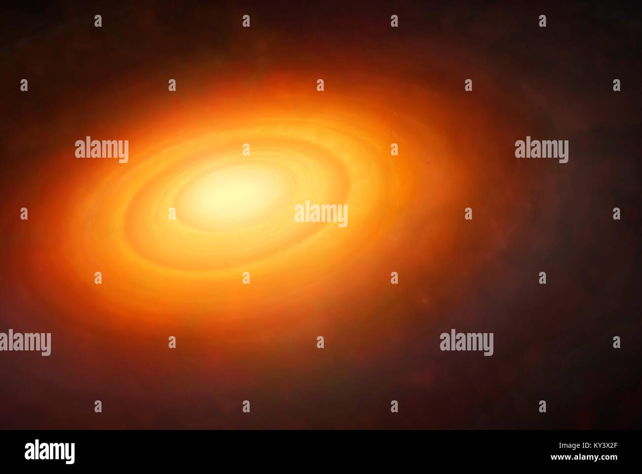 Solar system Bildung. Abbildung: Die ursprüngliche Nebel (solaren Nebel) rund um das neugeborene Sonne (Mitte). Die Sonne war als Gas gebildet, Alt-friedrichsfelde, bis er dicht genug und warm genug war die nukleare Reaktionen, dass ein Star zu beginnen. Die solaren Nebel, ursprünglich eine Kugel von Gas, Staub und Gestein, wurde eine Disc, die schließlich, unter Schwerkraft, in Planeten verschmolz. Einige Planeten sind bereits gesehen, die in der Scheibe (rot leuchtet), Höhlenforschung, deutliche Lücken, wie sie Material in ihre Bahnen ziehen. Es wird gedacht, um den Planeten vor etwa 4,6 Milliarden Jahren gebildet. Stockfoto