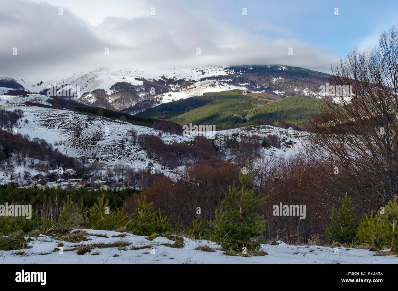 Majestätischen Blick auf bewölkter Himmel, im Winter die Berge, verschneite Lichtung, Wohnviertel, Nadel- und Laubwald von Plana in Richtung Berge Vitosha Berg Stockfoto