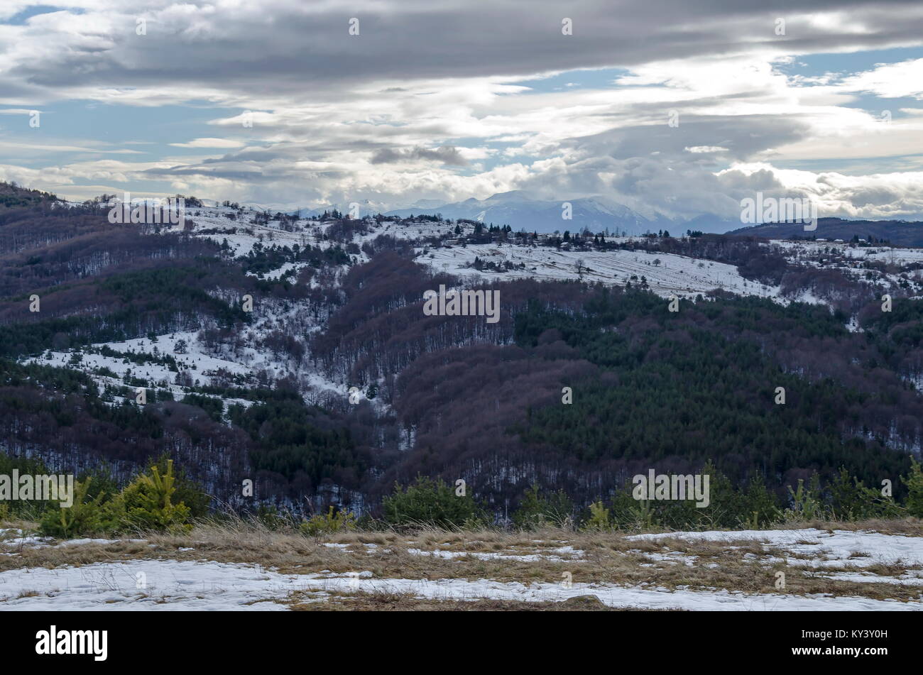 Majestätischen Blick auf bewölkter Himmel, im Winter die Berge, verschneite Lichtung, Wohnviertel, Nadel- und Laubwald von Plana Berg in Richtung Rila-gebirge Stockfoto