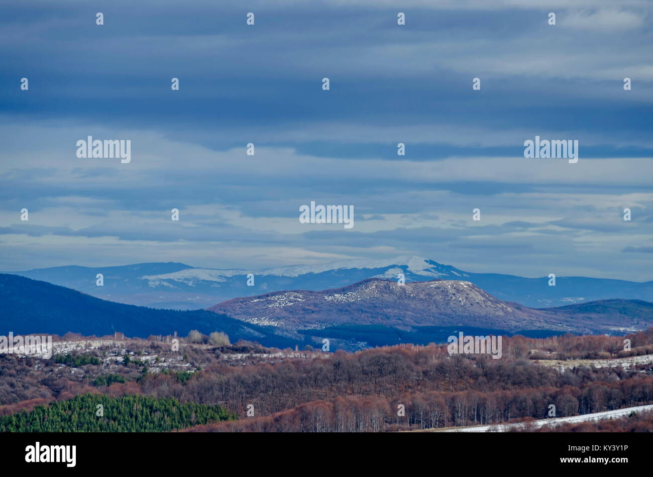 Majestätischen Blick auf bewölkter Himmel, im Winter die Berge, verschneite Lichtung, Nadel- und Laubwald von Plana Berg in Richtung Balkan Berge oder Stara Planina, B Stockfoto