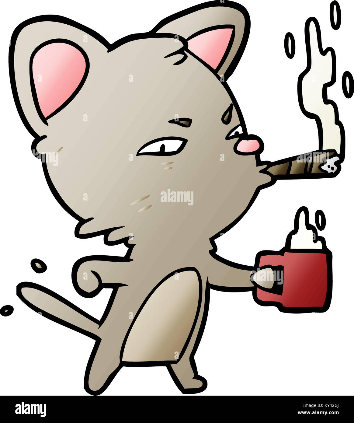 Cartoon ernstes Geschäft Katze mit Kaffee und Zigarre Stock Vektor