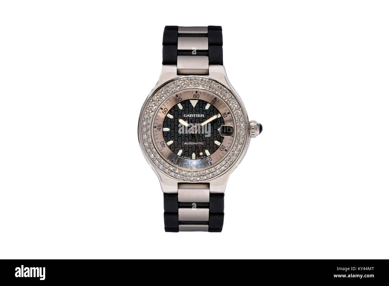 Cartier Damen Uhr mit Metall und Gummi Armband und Diamant Lünette Stockfoto