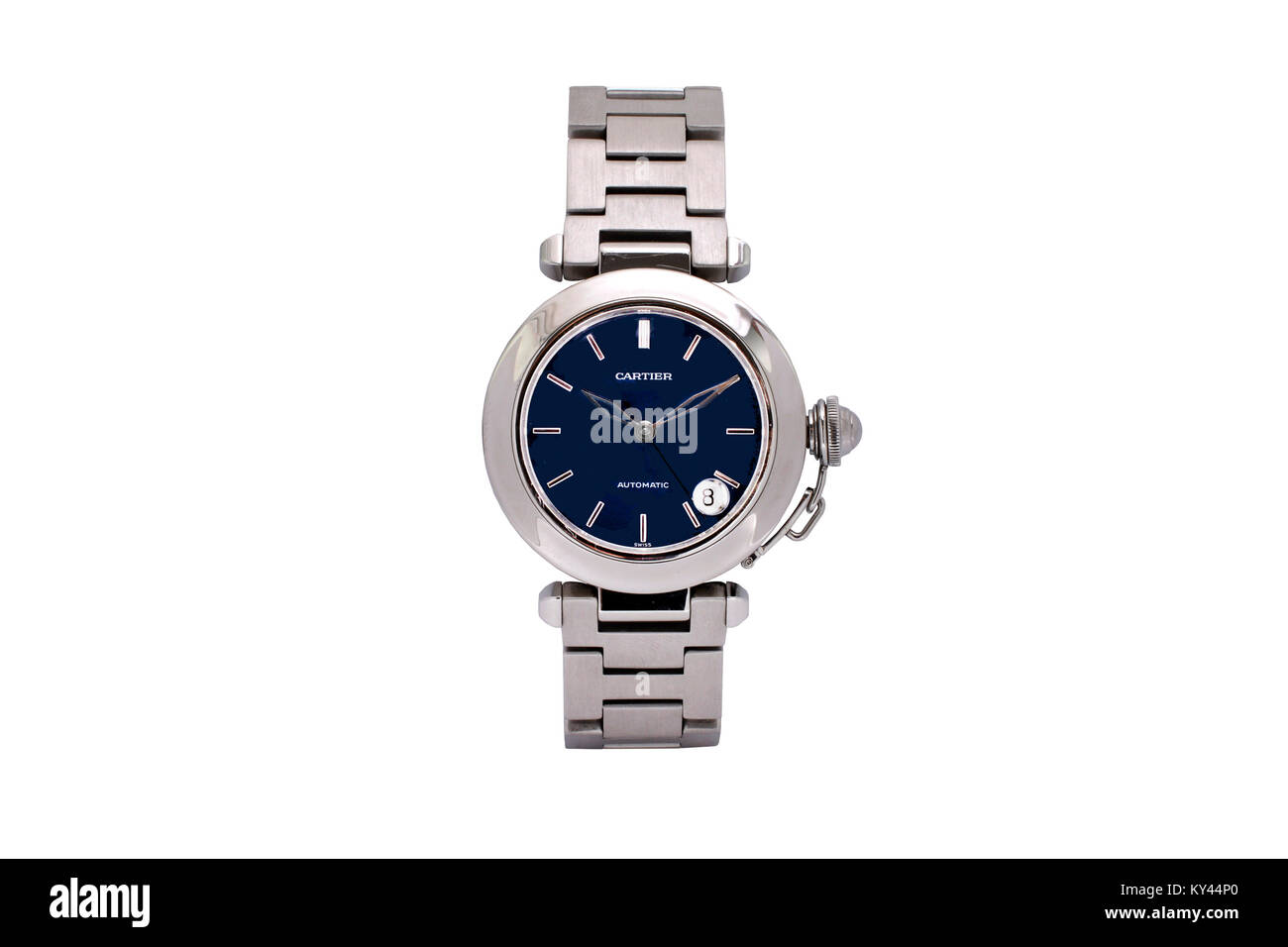 Cartier Edelstahl Lady's Watch mit tiefen blauen Fläche Stockfoto