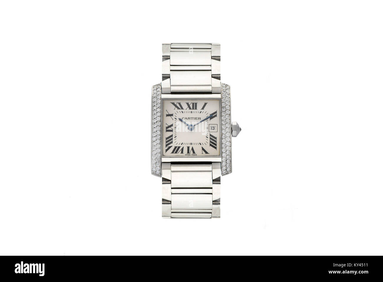 Cartier Stahl poliert und's Diamonds lady Watch mit quadratischen weißen Gesicht Stockfoto