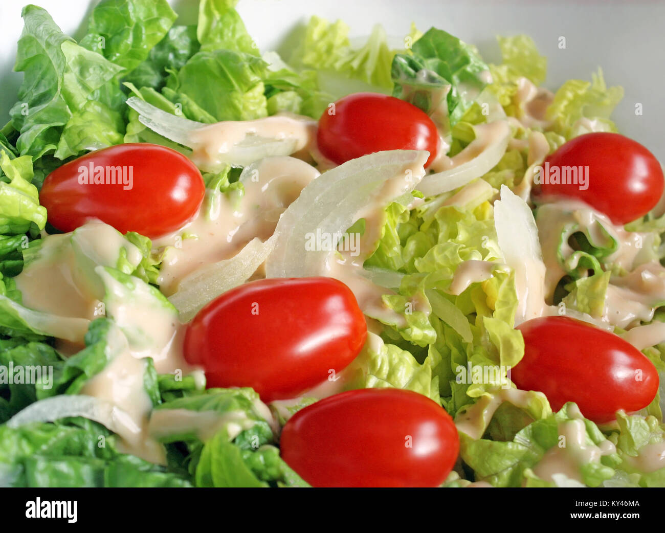 Frischen Gartensalat mit reifen Tomaten, in Scheiben geschnittene Zwiebeln und cremige Dressing Stockfoto