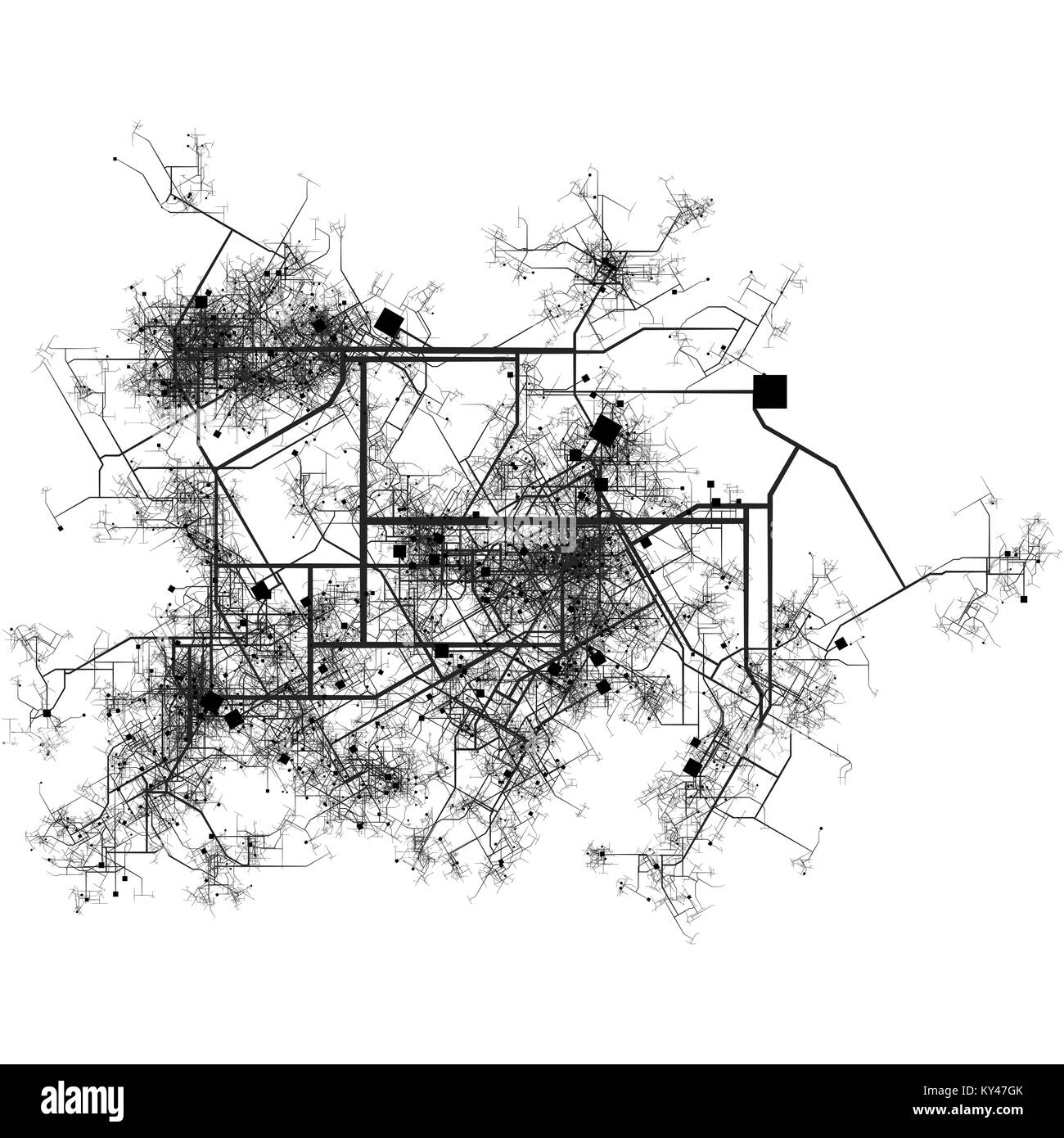 Wachsende Stadt mit dem Ausbau der Straßen und Karte Stockfoto