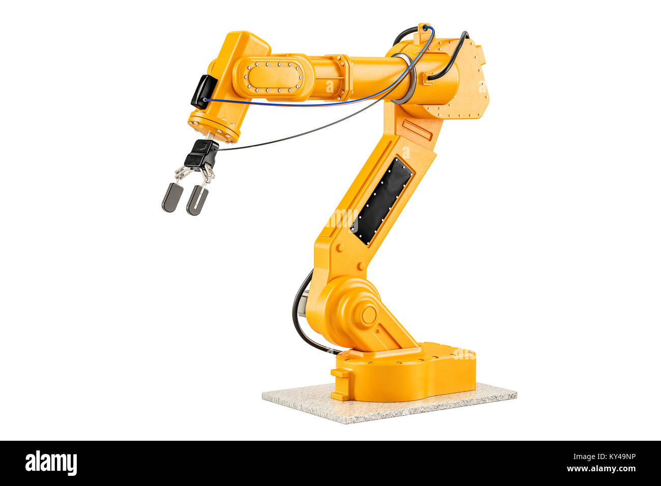Roboterarm, 3D-Rendering auf weißem Hintergrund Stockfoto