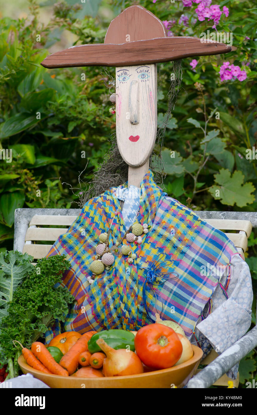 Garten Statue und Vogelscheuche verkleidet mit Ernte aus gemeinschaftlichen Garten, Maine, USA Stockfoto