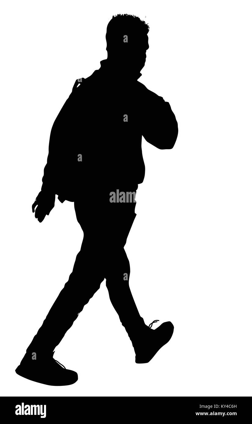 Mann Silhouette zu Fuß mit Rucksack auf weißem Hintergrund, Vector Illustration Stock Vektor