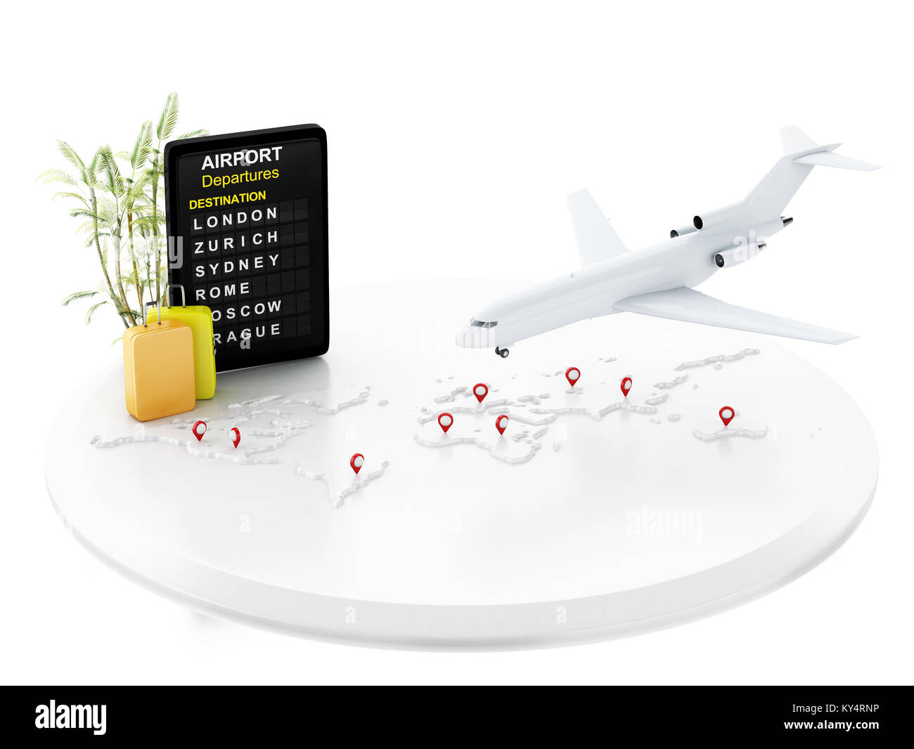3D-Darstellung. Flugzeug fliegen um Welt mit Kartenzeiger, Flughafen und Reisen Koffer. Airline Travel Concept. Isoliert weißer Hintergrund Stockfoto