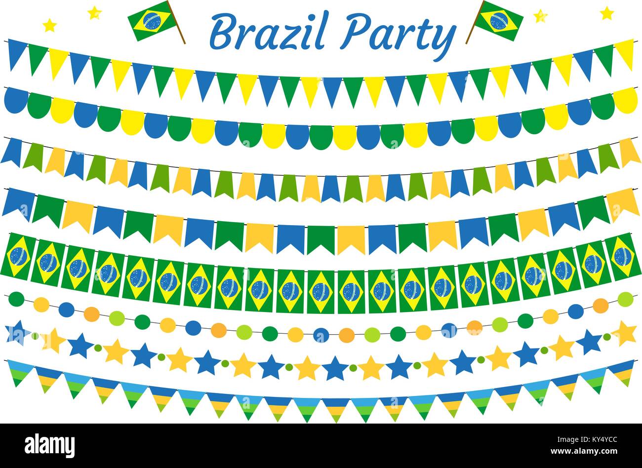 Brasilien Girlande. Brasilianische festliche Dekorationen Bunting. Party Elemente, Fahnen. Auf weissem Hintergrund. Vector Illustration, clip art. Stock Vektor