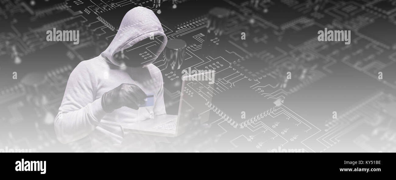 Das zusammengesetzte Bild des Hackers mit Kreditkarte für Internetkriminalität Stockfoto