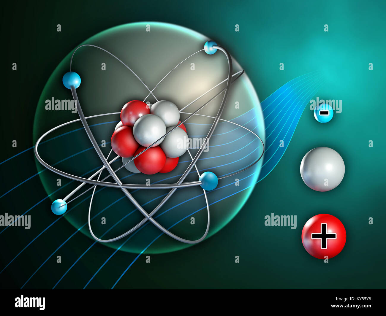 Atom und seinen Bestandteilen. Digitale Illustration. Stockfoto