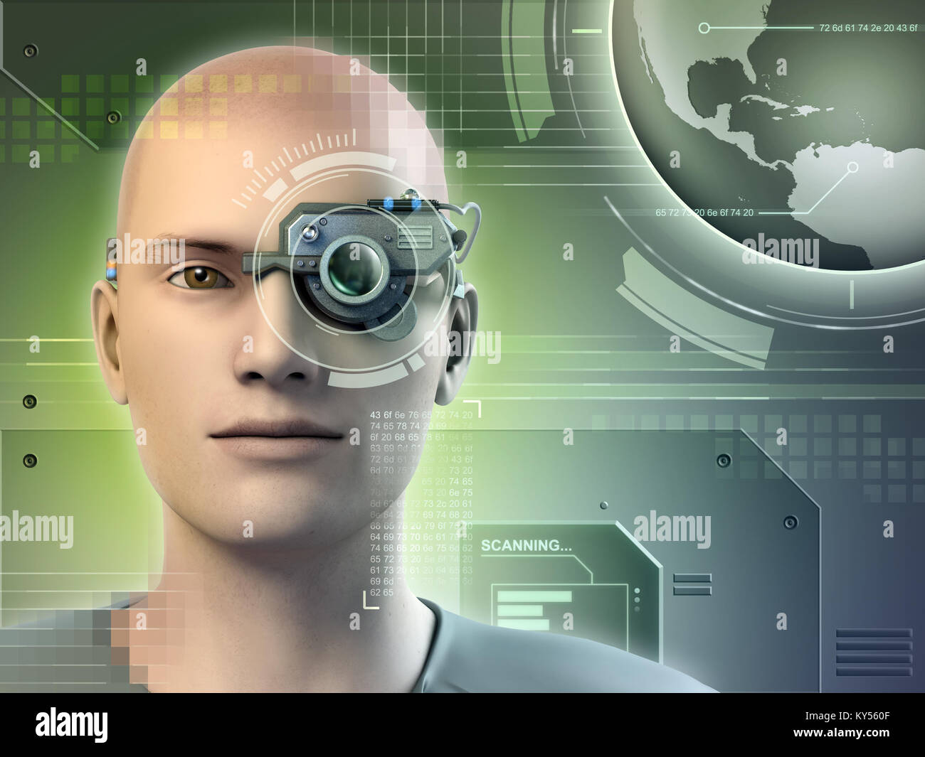Junger Mann, der ein elektronisches Gadget auf sein Auge. Digitale Illustration. Stockfoto