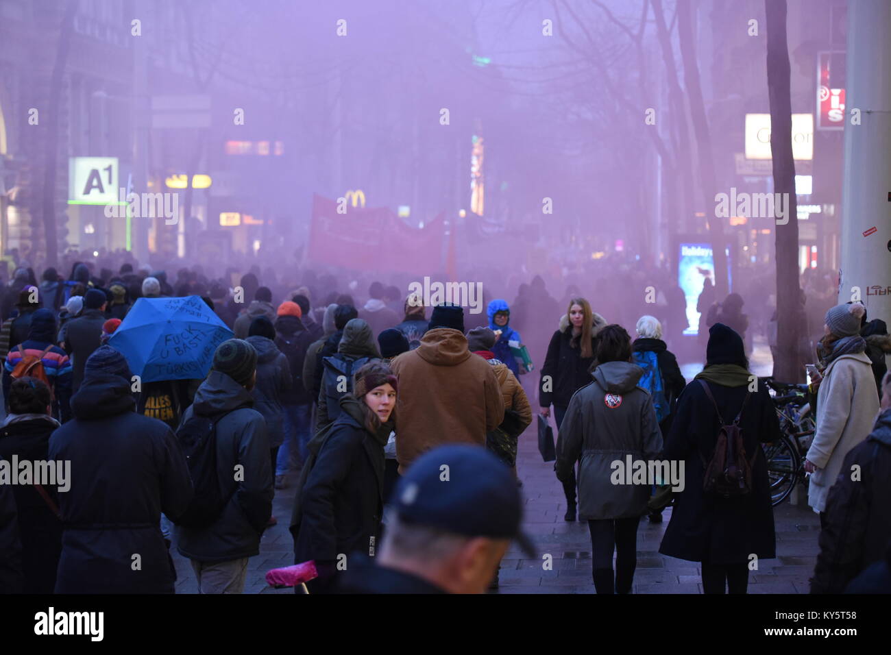 Wien, Österreich. 13 Jan, 2018. Demonstranten loslassen roten Rauch während einer Demonstration gegen die Regierung. Credit: Vincent Sufiyan/Alamy leben Nachrichten Stockfoto