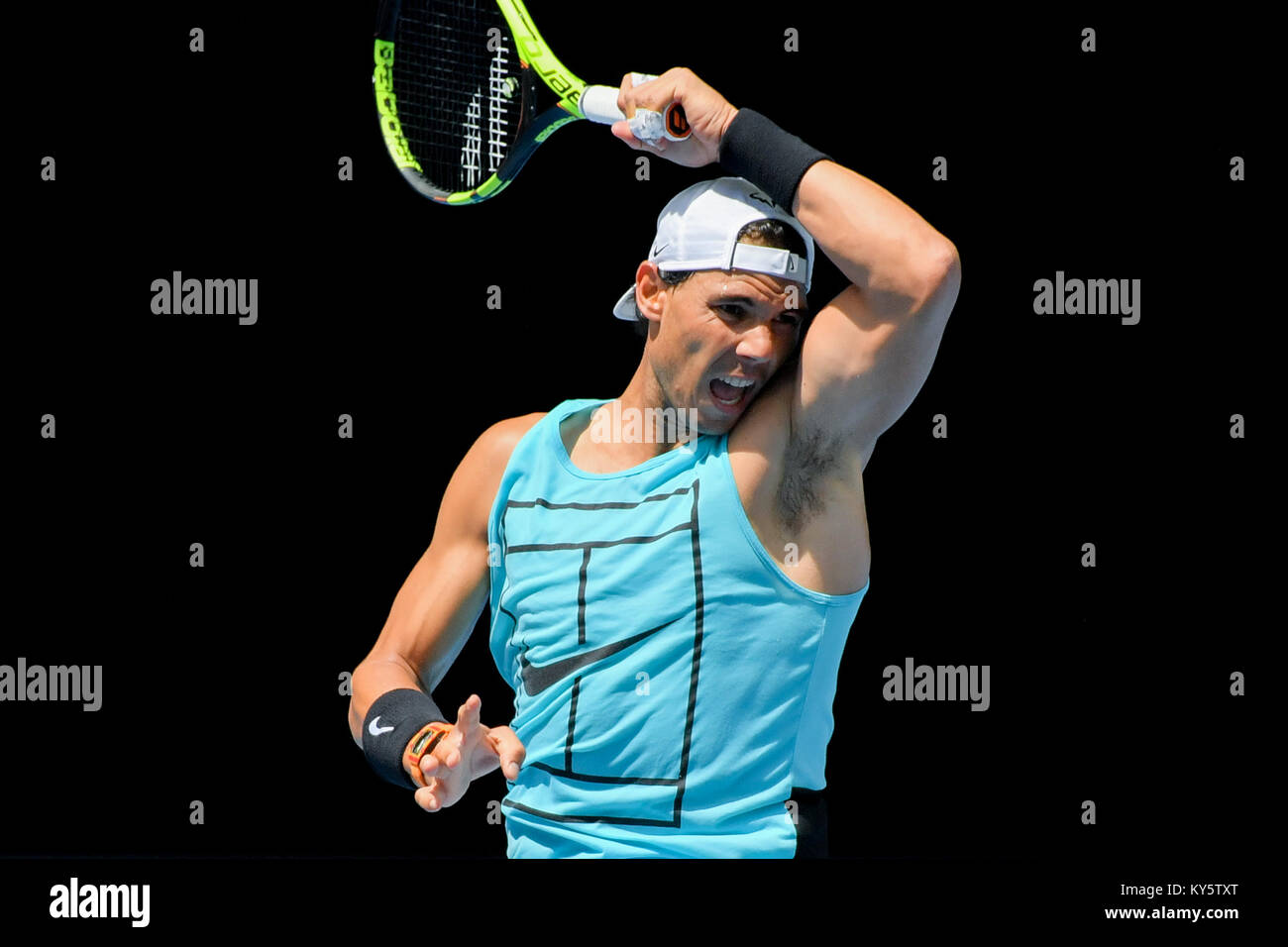 Januar 14, 2018: 1. Samen Rafael Nadal zu einem Training am Rod Laver Arena vor den Australian Open 2018 Grand Slam Tennis Turnier in Melbourne, Australien. Sydney Low/Cal Sport Media Stockfoto