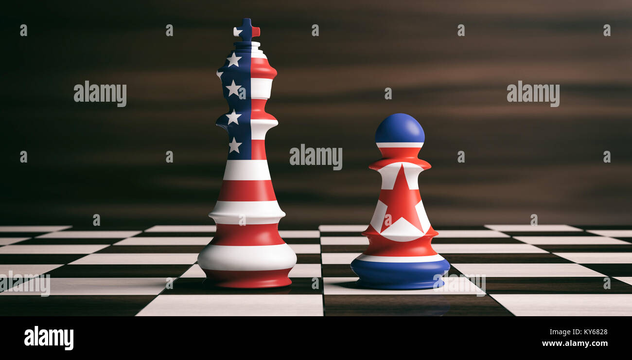 USA und Nordkorea Beziehung Konzept. Uns Amerika und Nordkorea Flags auf Schach Könige auf einem Schachbrett, braun Holz- Hintergrund. 3D-Darstellung Stockfoto