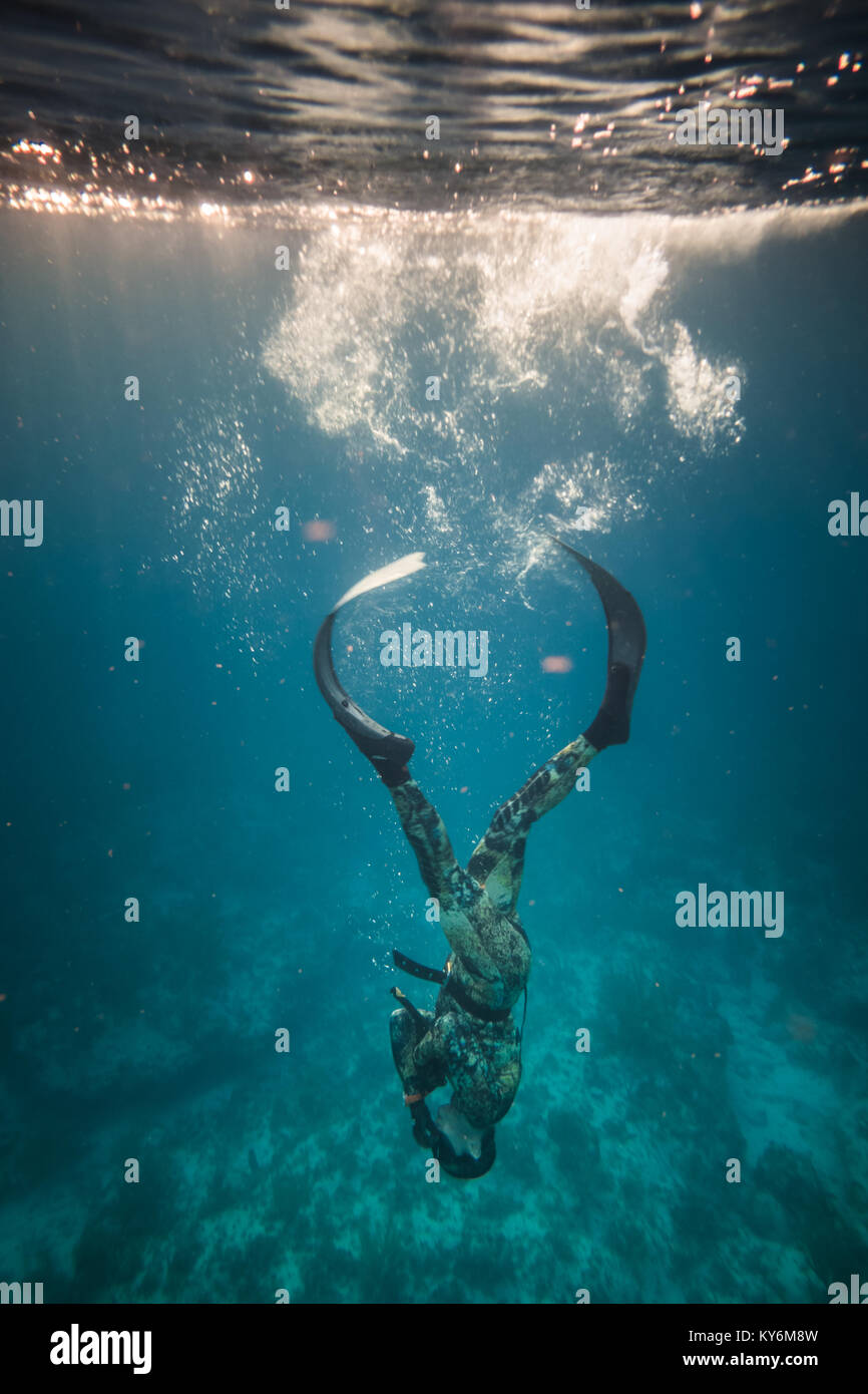 SAN ANDRES ISLAND, Kolumbien ca. März 2017. Erstaunlich leicht und perfekt Ente Eintauchen in Wasser durch Freediverin in das Kristallklare Karibische O Stockfoto