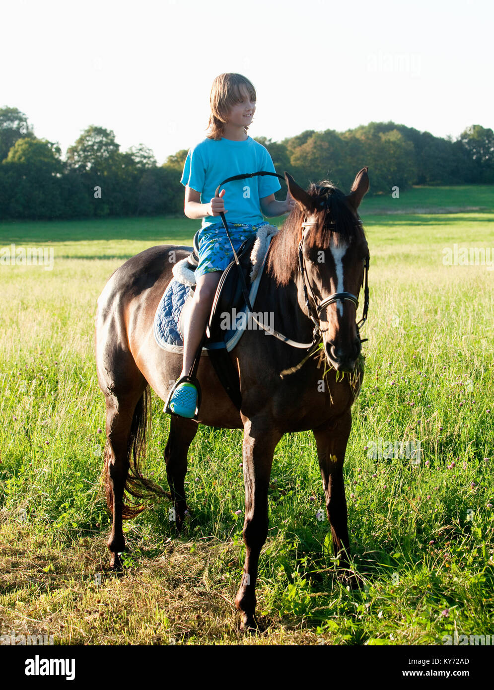 Junge in einem Sattel Pferd reiten lernen Stockfoto