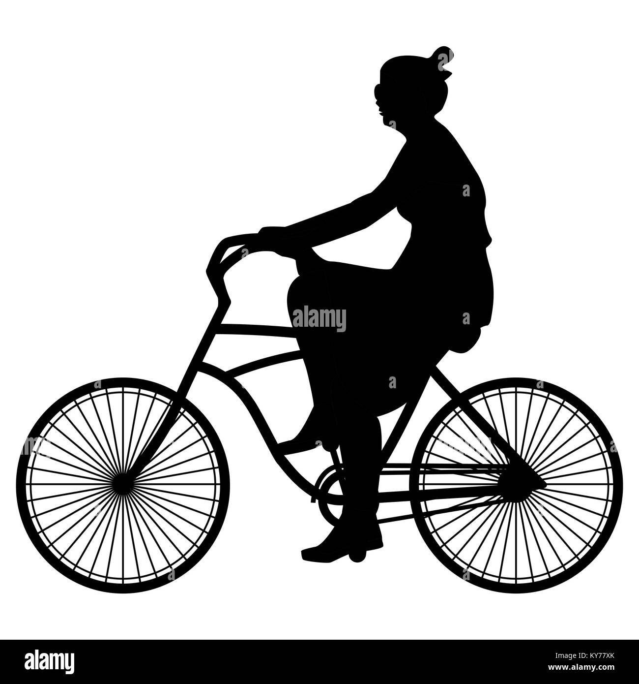 Vector Illustration der schwarze Silhouette Frühling wandern Frau Radfahrer in ein Kleid und Sonnenbrille Fahrrad auf einem weißen Hintergrund, flacher Stil. Stock Vektor