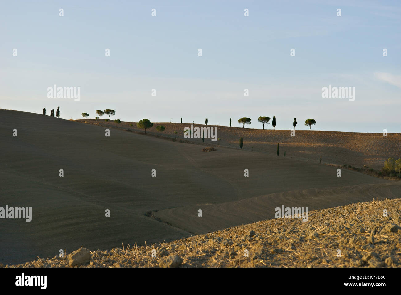 Landschaft der Crete senesi, in der Nähe von San Quirico d'Orcia, in der Provinz von Siena, Toskana, Italien Stockfoto