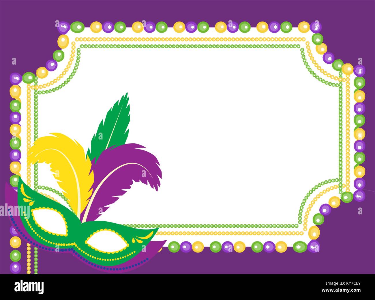 Mardi Gras Perlen farbiger Rahmen mit einer Maske, auf weißem Hintergrund. Vorlage Poster. Vector Illustration. Stock Vektor