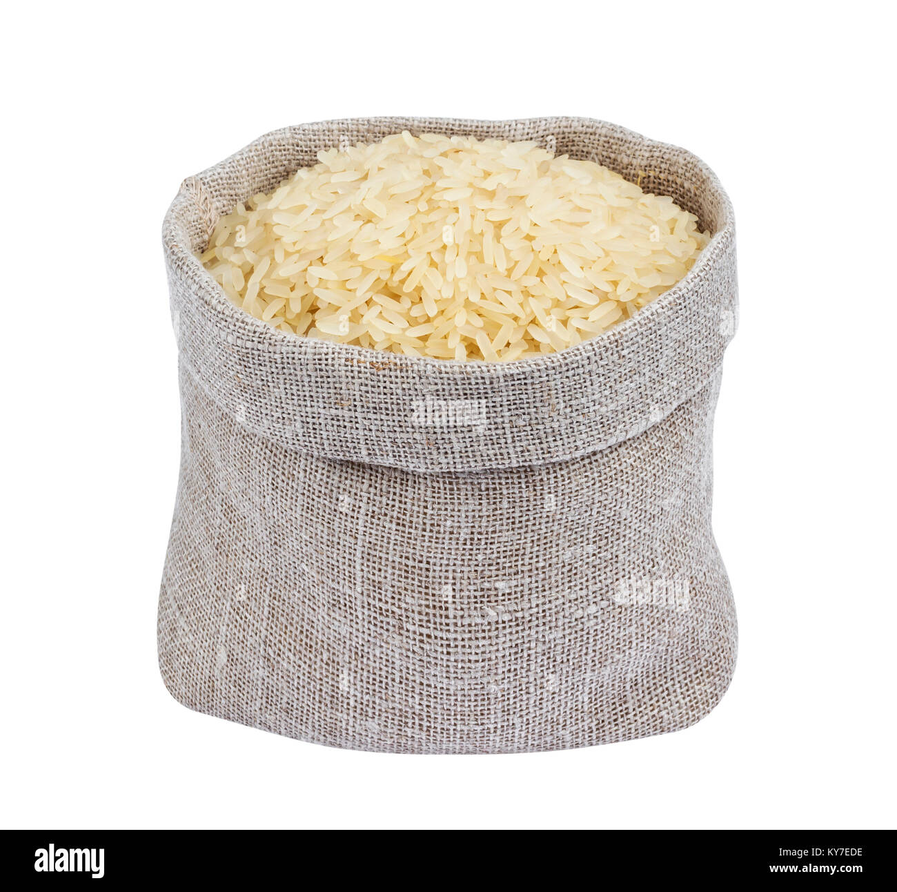 Parboiled Reis in sackleinen Tasche isoliert auf weißem Stockfoto