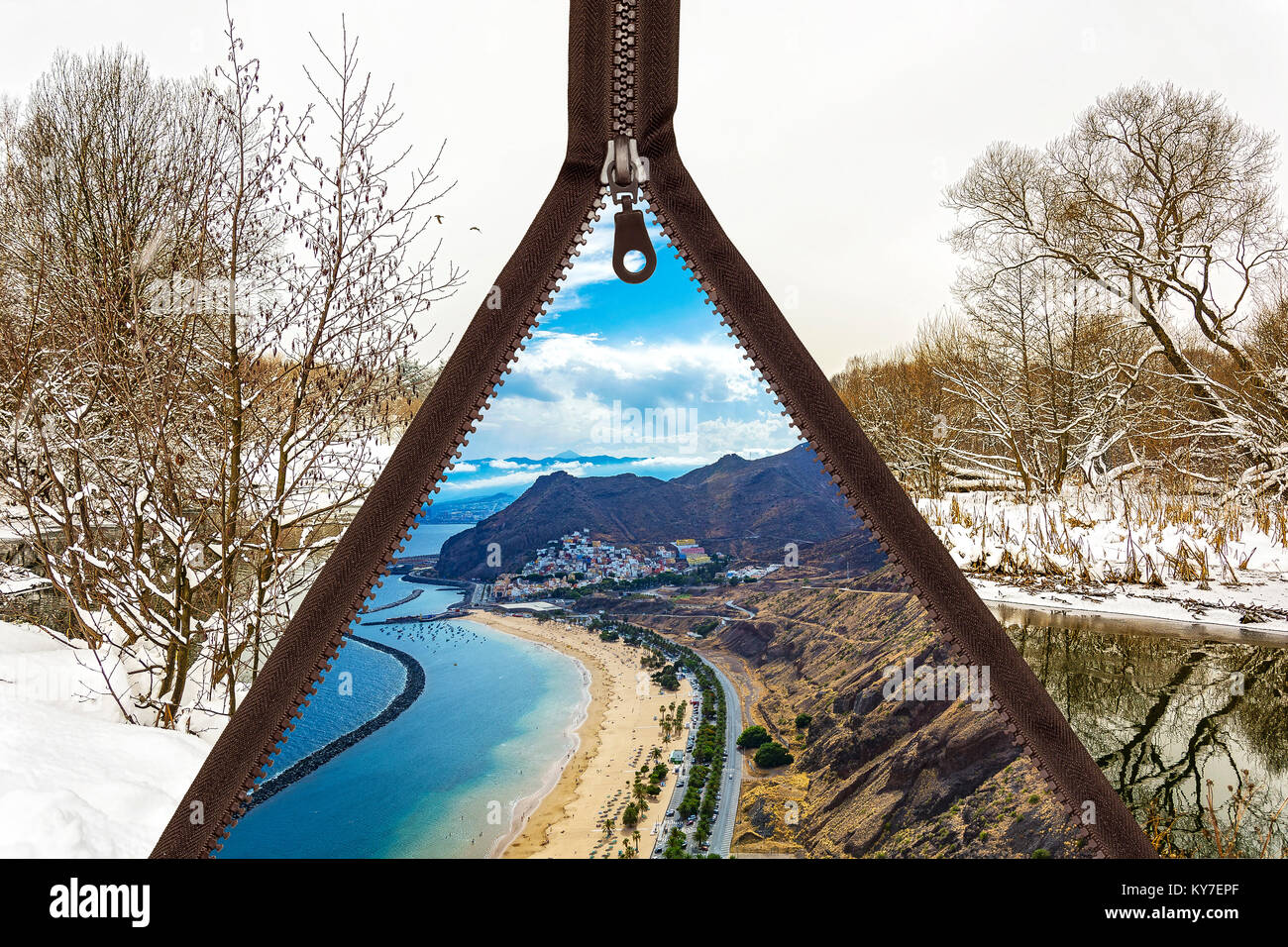 Der Reißverschluss öffnet das Foto mit einem Sommer Landschaft Fotos Winterlandschaft Stockfoto