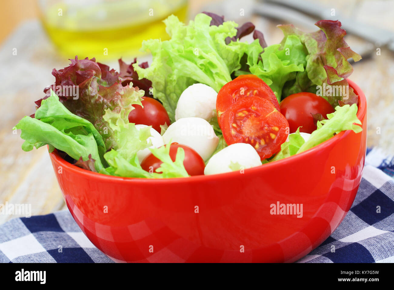 Schüssel Salat bestehend aus Salat, Mozzarella Kugeln und Kirschtomaten, Nahaufnahme Stockfoto