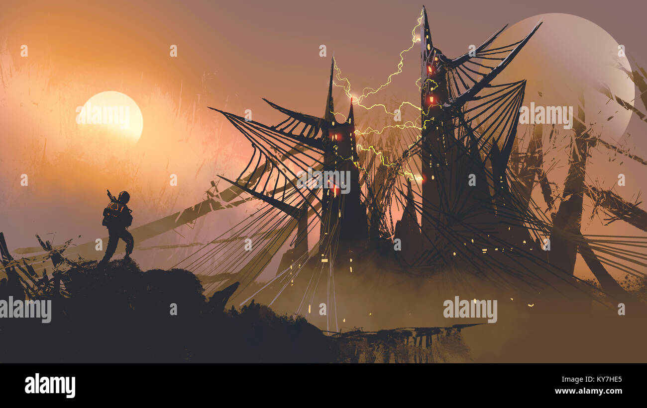 Mann zu Fuß das Spinnennetz Burgen bei Sonnenuntergang, digital art Stil, Illustration Malerei Stockfoto
