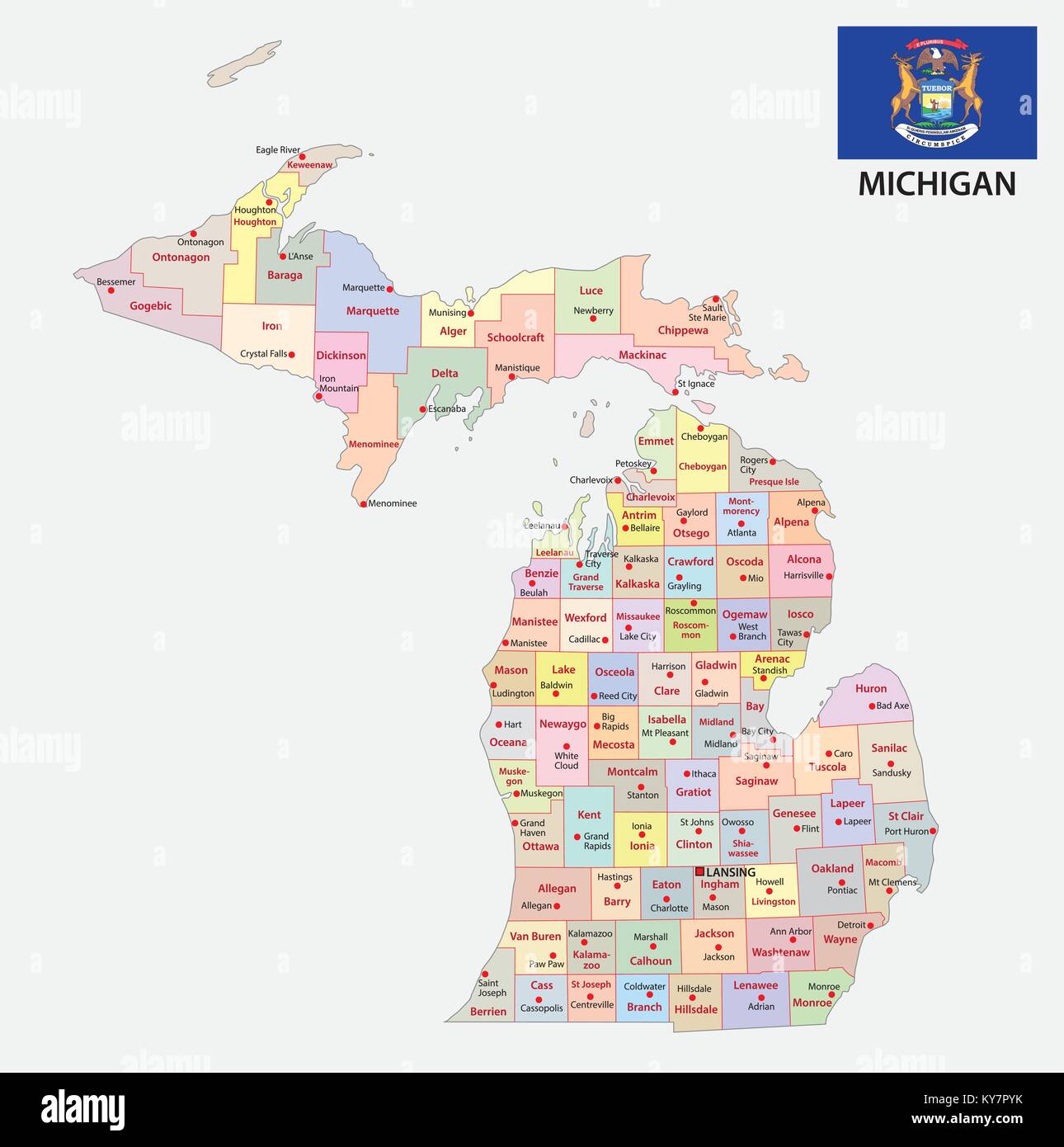 Michigan administrative und politische Vektorkarte mit Fahne Stock Vektor