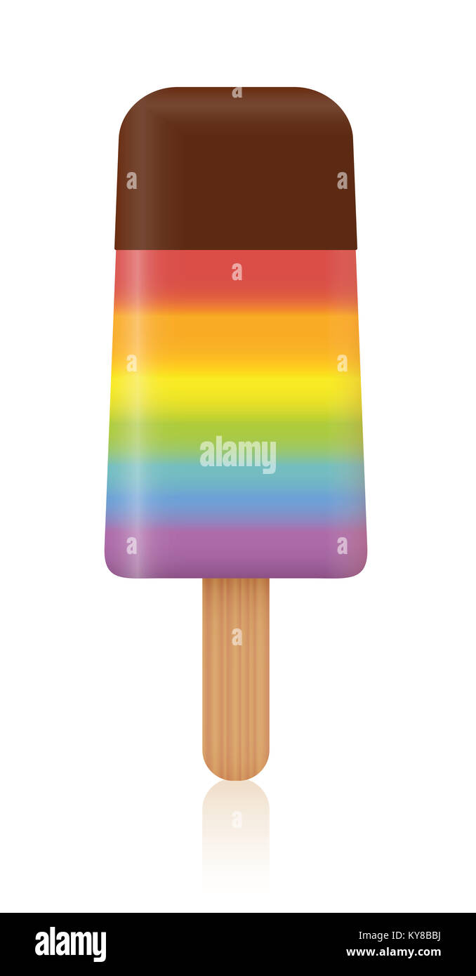 Popsicle - Regenbogen farbige single Ice mit verschiedenen Fruchtaroma Pop mit Schokoladenüberzug auf der Oberseite - süß fruchtig Abbildung. Stockfoto
