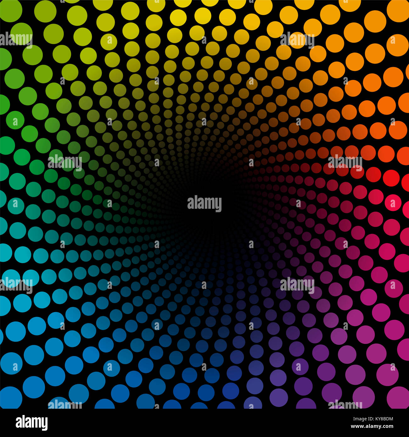 Farbige Spiralschlauch Hintergrund Muster - Regenbogen farbige Punkte Tunnel endet in dunklen Unendlichkeit - Geometrische twisted kreisförmigen Abbildung. Stockfoto