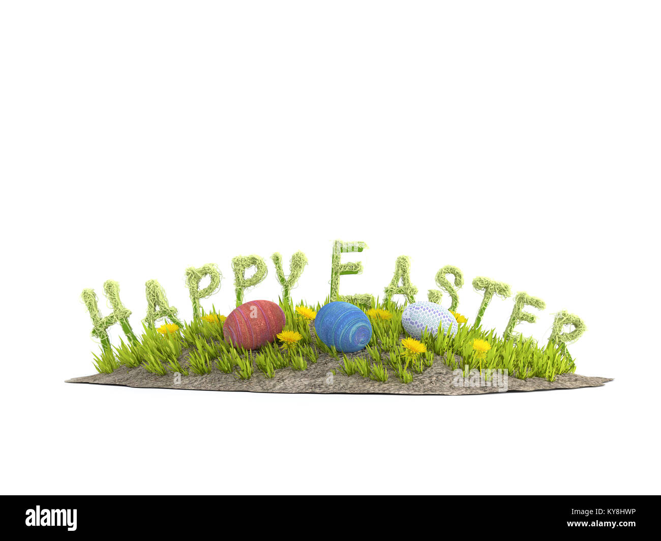 3D-Rendering von wenig Gras Insel mit gelben Blumen, Ostern Eier und Frohe Ostern Text auf weißem Hintergrund Stockfoto