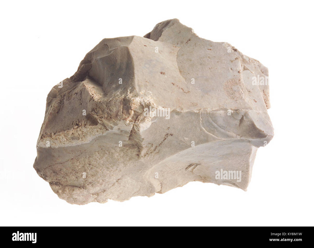 Dieses Artefakt, Nucleus Plouhinec, aus der Unterpaläolithik, befindet sich im Musée de Bretagne und repräsentiert die frühe Steinwerkzeugtechnik. Stockfoto