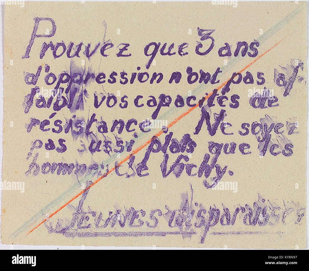 Dieser Abschnitt ruft zur Teilnahme am Widerstand während des Zweiten Weltkriegs auf und veranschaulicht politischen Aktivismus, Kriegspropaganda und historische Dokumentation des französischen Widerstands. Stockfoto