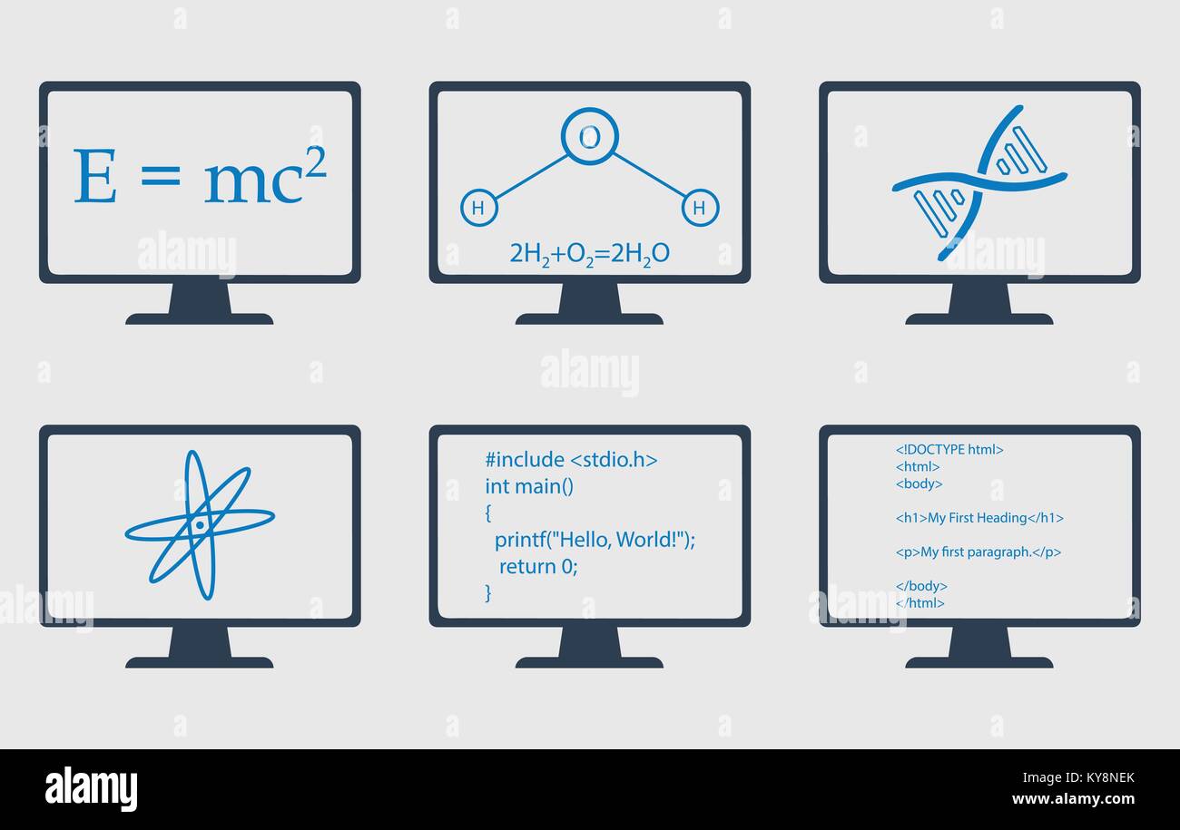 Anderes Thema Icon Set. Physik, Chemie, Gentechnik und Informatik Symbole werden auf dem Monitor Stock Vektor