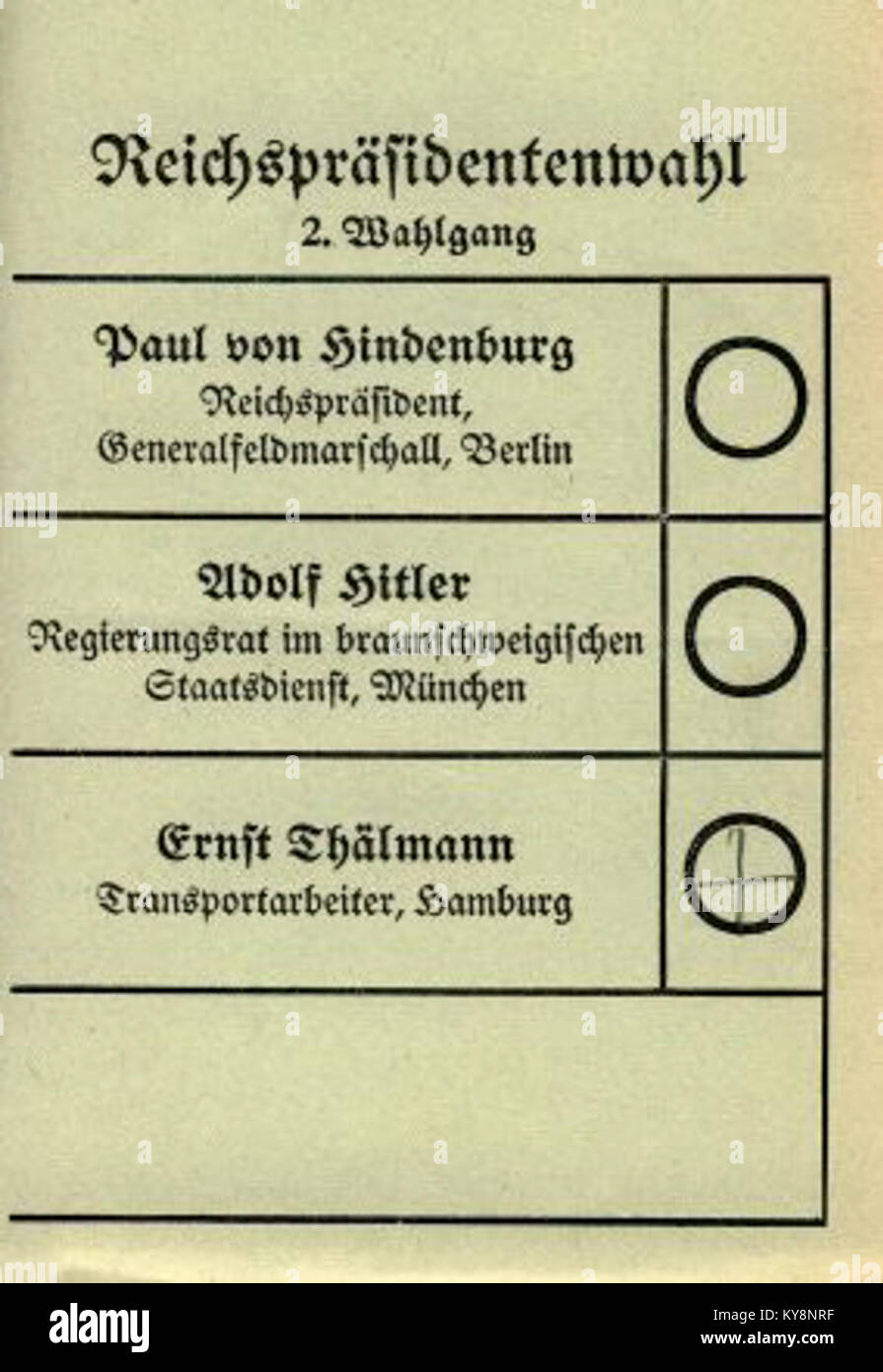 Dieser historische Stimmzettel aus der Reichspräsidenzwahl 1932 in Deutschland spiegelt die demokratischen Prozesse der Weimarer Republik in einer Schlüsselperiode wider. Stockfoto