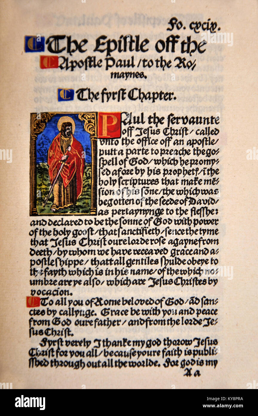 Titel Seite aus dem Buch der Römer in einem Faksimile von William Tyndale's 1525 Edition der englischen Neuen Testament. Aus dem Reed Seltene Bücher Sammlung in Dunedin, Neuseeland. Stockfoto